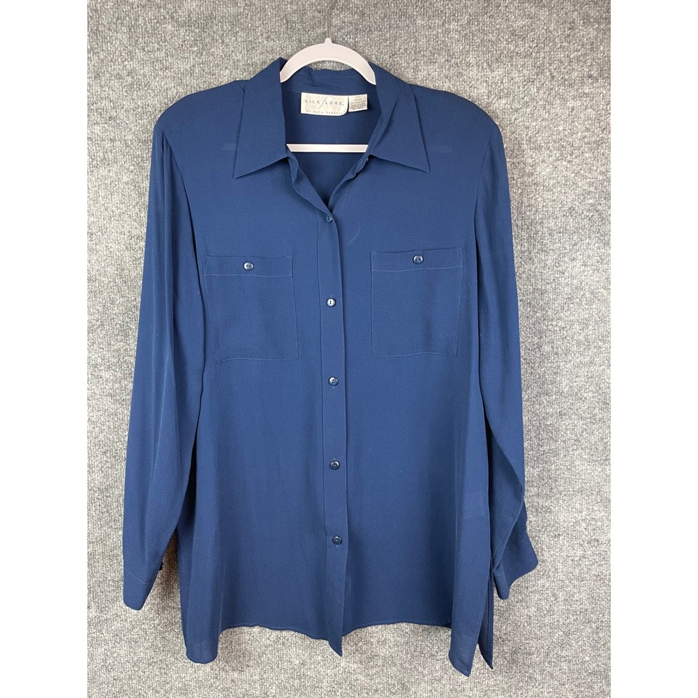 Silk Lore Button Down Shirt Women Large Blue Excellent 100% Silk Long Sleeve Top